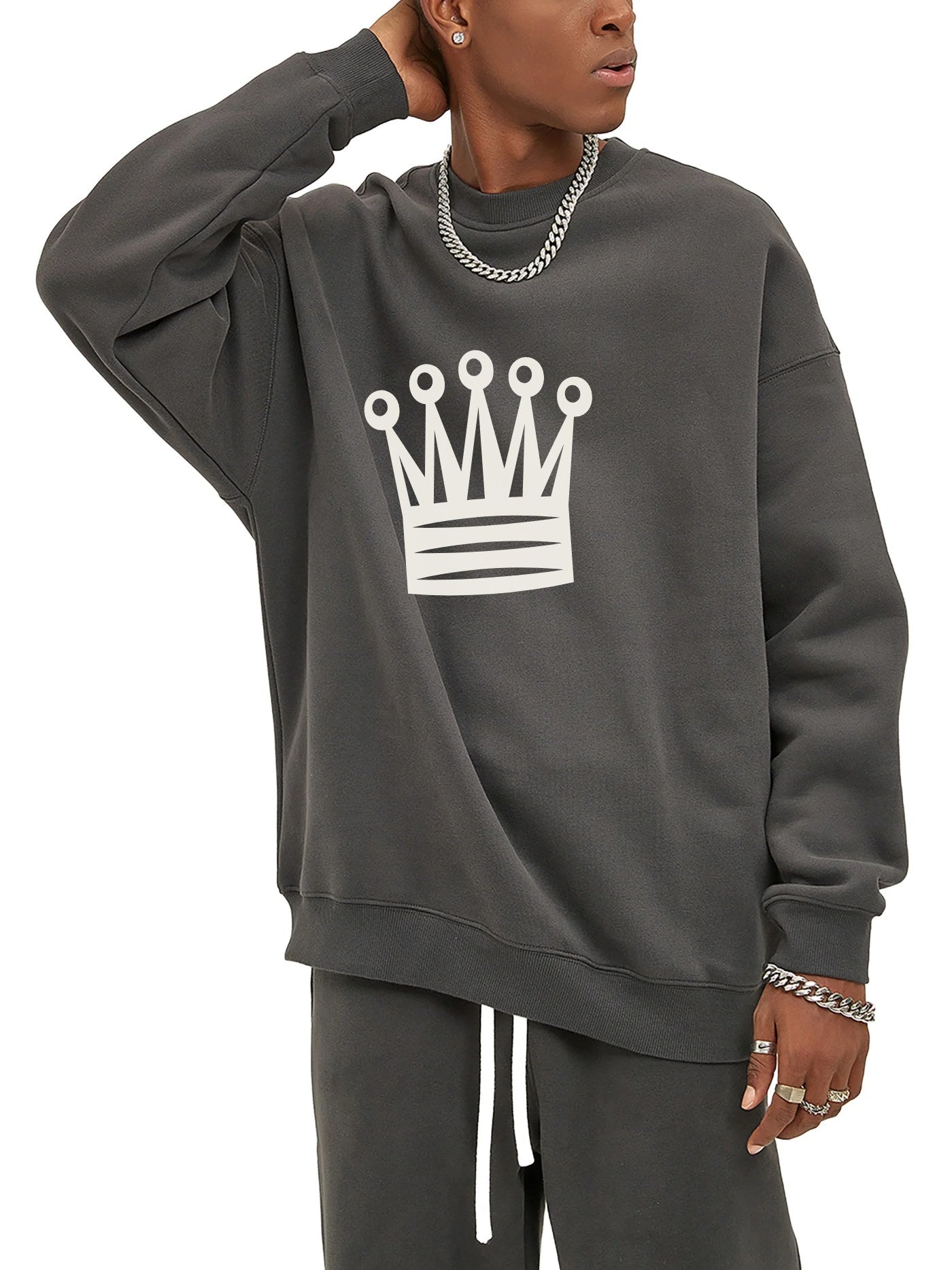 Gray crewneck with crown symbol print